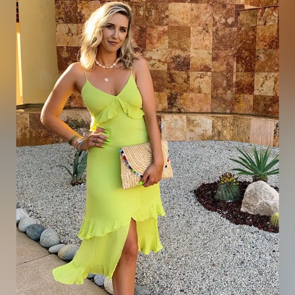Island Time Lime Green Ruffled Midi Dress, Lulu’s Size Medium